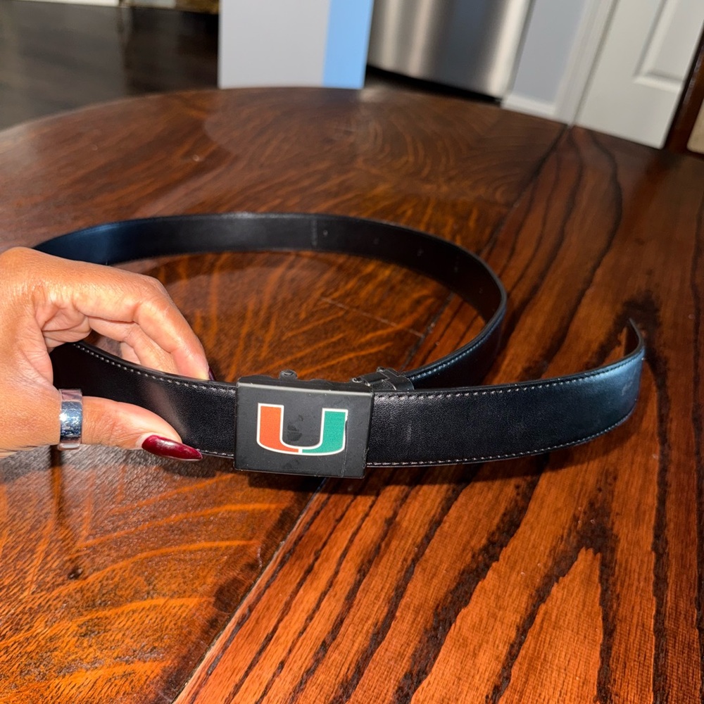 Black Leather Belt with University of Miami Logo Buckle